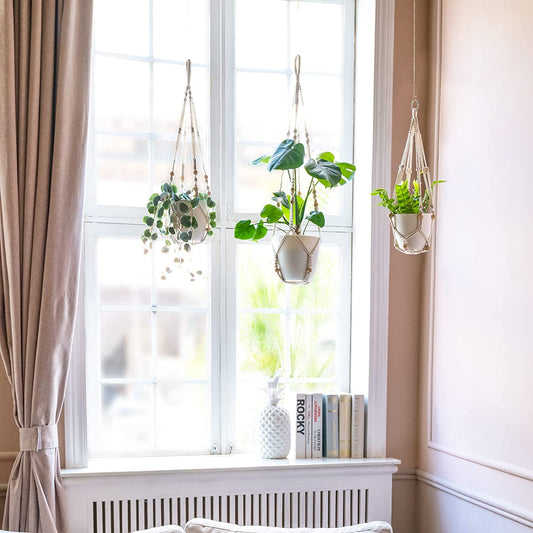 3 Pack Macrame Plant Hangers with Pots, 35"/29"/23" Indoor Different Size Hanging Planter Basket Flower Pot Holder with Saucers & Hooks No Tassels (Plastic Pots Included), Medium, Ivory